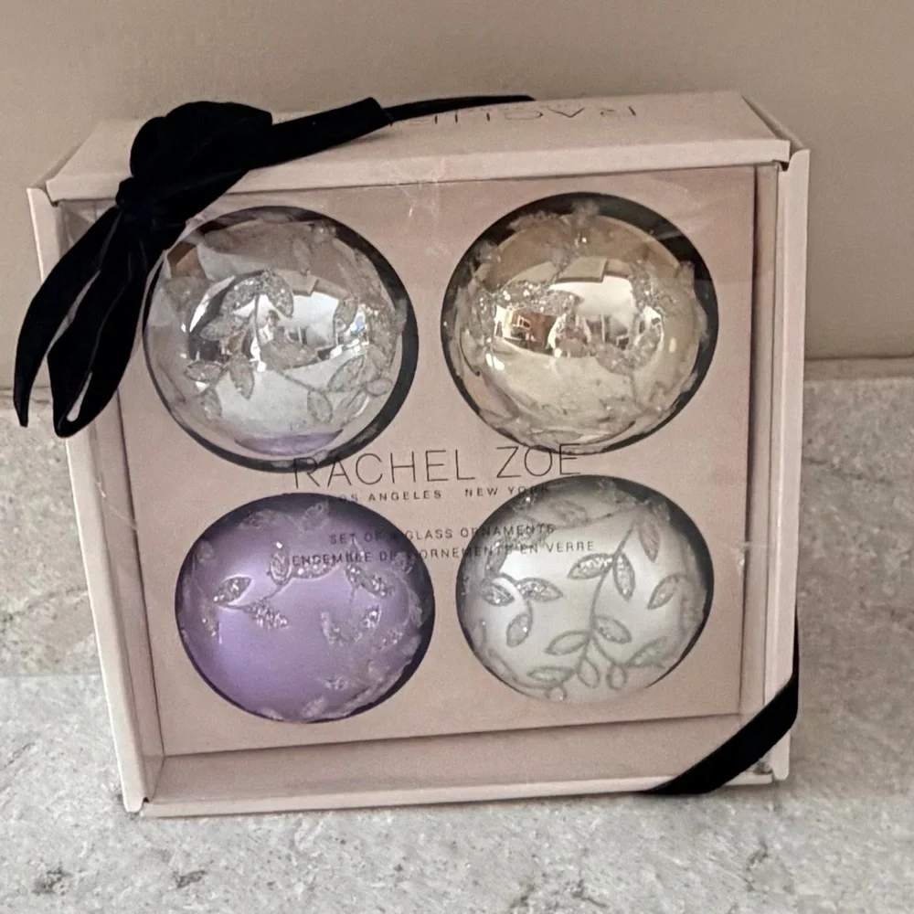 Rachel Zoe Silver Gold and Lavender Glass Ornament Collection, Set of 4